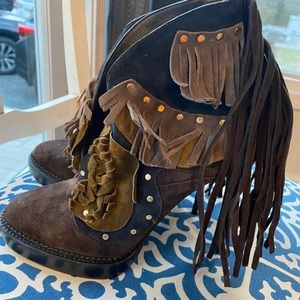Burberry Studded Fringe Bootie Platform Heel Brown
